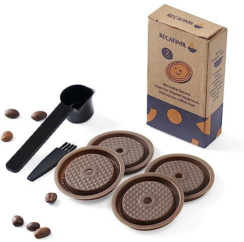 RECAFIMIL 4 PCS Reusable Cap Compatible with Nespresso Vertuo and VertuoLine Capsules, Refillable Coffee Pod Caps with Spoon and Brush