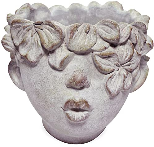 matches21 Dekorativer Kopf mit Blüten & Blättern Kussmund Pflanzgefäß Pflanztopf Zement grau 1 STK 12x10,5x9,5 cm