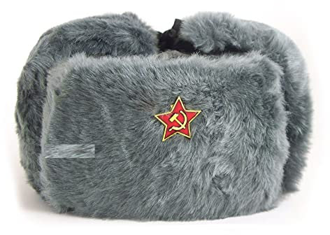 GFM® Herren-Bombermütze aus Kunstfell, Sowjetarmee-Stil, Ushanka, Abzeichen mit grauem Stern, Einheitsgröße