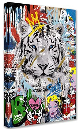 Tucocoo Tiger-Graffiti-Bilder, bunte Straßen-Pop-Art-Gemälde, Banksy-Leinwand, abstraktes modernes Kunstwerk, Heimdekoration für Wohnzimmer, Schlafzimmer, Büro, gerahmt, 60 x 90 cm, 1 Stück