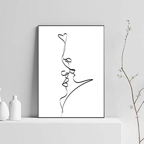 iYoucase Abstraktes Paar Kuss Leinwand Wand Bilder Single Line Zeichnung Poster Kunstdrucke Leinwand Bild Liebe Schwarz Weiß Wandbilder Wohnkultur 50x70cm Ungerahmt