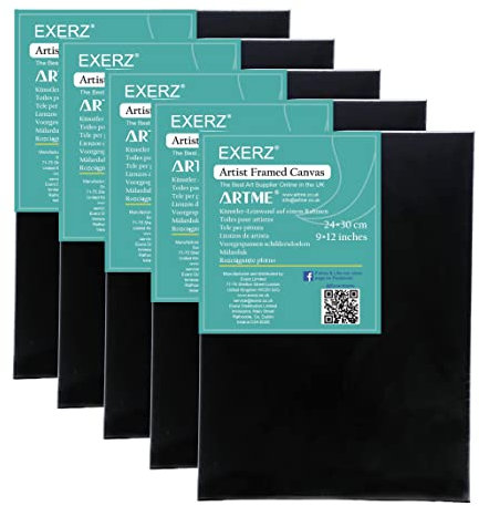 Exerz 24x30cm Tele Intelaiate 5pz - Nero - per Artisti per Pittura/Spessore 1.7cm 280GSM/ Tele prestirate 100% Cotone/T re Strati di Gesso/Prive di acidi/Grana Media - Nero