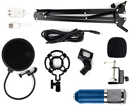 BM800 Condenser Microphone Studio Cardioid Microphone Kit with Phantom Power and Sound Mixer for Studio Recording Broadcasting (Blue + Sliver)