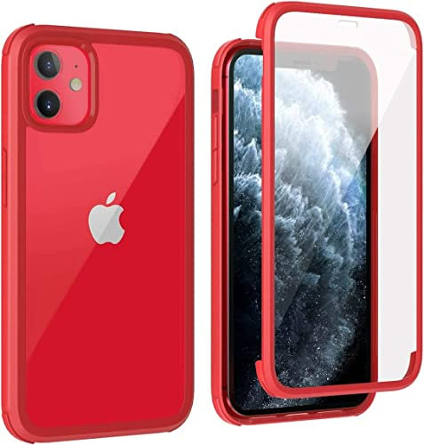 Leedia 360 Grad Hülle Kompatibel mit iPhone 11 Hülle Ganzkörper Eingebauter Glas Displayschutzfolie Stoßfest iPhone 11 Schutzhülle Transparent Clear Durchsichtig Handyhülle für iPhone 11 6.1 Rot