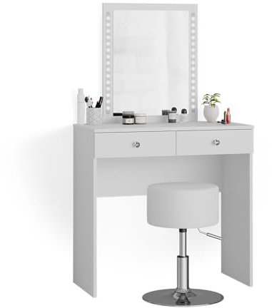 Vicco Schminktisch Elara, Kosmetiktisch mit Spiegel, Weiß, 80 cm mit LED Beleuchtung und Hocker