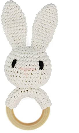 Baby Rassel Beißring Baby Spielzeug Häkel Rassel Holz Greifling Baby Rassel Geschenk zur Geburt,Niedliche Fuchs Tiger Löwe Hase Babyrassel, Baby Kleinkind Frühe Lernspielzeug für Jungen Mädchen Baby