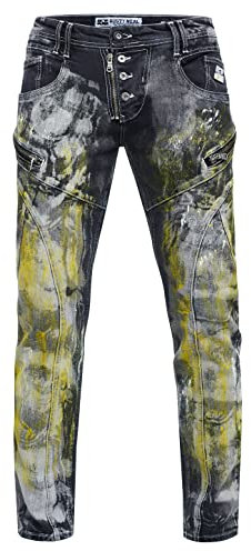 Rusty Neal Jeanshose 'Mori Limited-Edition Stretch Slim Fit Streetwear Jeans Reißverschluss-Design mit Offener Knopfleiste 239, Farbe:Black Used Yellow Washed, Größe Jeans L32:30W / 32L