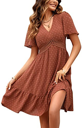 JENJON Femme Robe de Eté Col en V Elégant Pois Volants Taille Haute Manches Courtes Décontractée A-Ligne Mini Robes