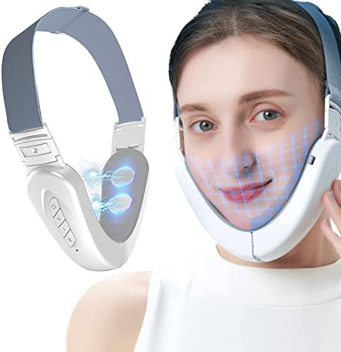 Double Chin Reducer Machine, Electric V-Face Lift Device Beauty Belt, Portable Intelligent Face Shaping Massager with Blue Light (White)