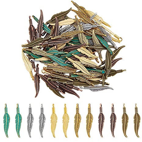 DICOSMETIC 144 Pcs 6 Couleurs Antique Plume Charms Tibétain Alliage Longue Plume Charme Pendentif Bijoux Résultats Dangle Feuille Charmes pour Boucle D'Oreille Faire DIY Artisanat, Trou: 2mm