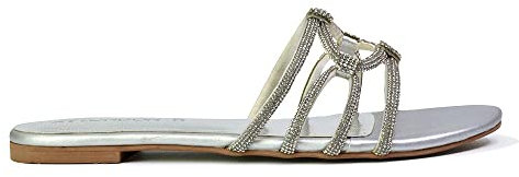 Womens Slip On Flat Sandals Ladies Sparkly Diamante Summer Silver Mule Slider Shoes Size 4