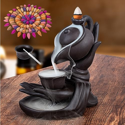 Wasserfall Räuchergefäß Buddha Hand Rückfluss Weihrauch Wasserfall Brenner Rauch Räucherstäbchenhalter Wasserfall mit 100 Räucherkegeln 10 Arten von Düften