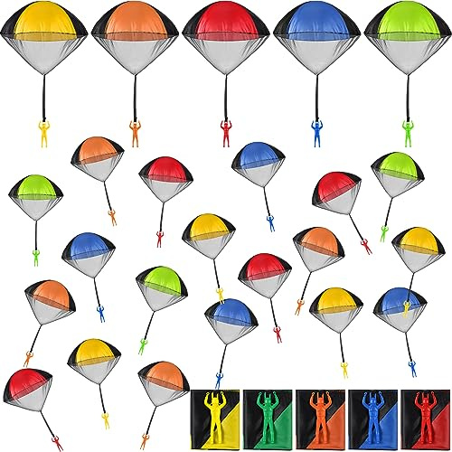 Meooeck 25 Pieces Parachute Toy for Boys Girls Throwing Toy Parachute Men Small Outdoor Flying for Backyard Camping Party Favor, 5 Colors