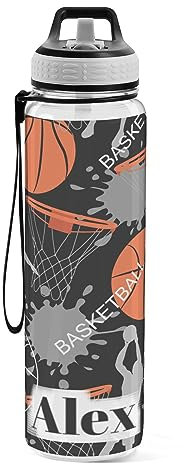 MCHIVER Basketball Game Custom Your Name Water Bottle with Silicone Straw Personalized 32 Oz Sport Water Bottles Leak Proof Travel Plastic Water Bottles for Outdoor School Gym Bap-free Tritan
