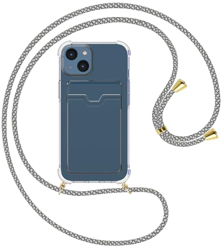 mtb more energy® Handykette mit Kartenfach kompatibel mit iPhone 15 - Fancy Fishnet/Goldfarbene Ösen - Smartphone Hülle zum Umhängen - Anti Shock Full TPU Case