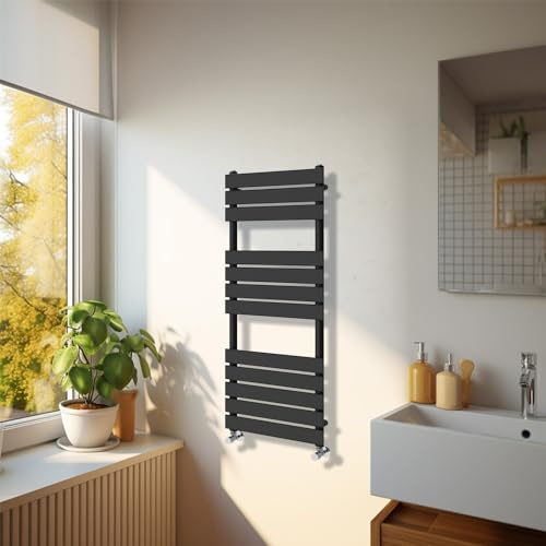 NRG Bathroom 1200 x 450mm Flat Panel Heated Towel Rail Radiator Black | Central Heating Radiator, Steel, Designer Wall Mounted, for Bathroom, Modern Radiator Larger Water Capacity