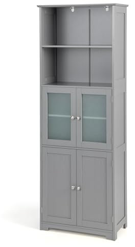 COSTWAY Meuble de Salle de Bain à 4 Portes 2 Compartiments Ouverts, Colonne Salle de Bain Armoire Haute avec Étagères Réglables pour Salon, Cuisine, 60 x 30 x 163 cm, Gris