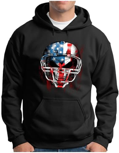 OM3® Skull-Head-Player Hoodie | Herren | American Football U.S.A. Flagge | Kapuzen-Pullover Schwarz, 3XL