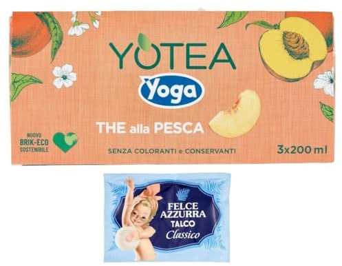 16er-Pack Yoga Yotea Thè Pesca,Erfrischendes Alkoholfreies Getränk,Eistee mit Pfirsich,3x200ml Brik + 1er-Pack Kostenlos Felce Azzurra Talkumpuder, 100g-Beutel