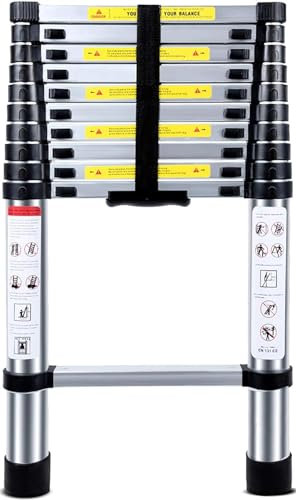 Telescopic Ladder 3.2M Multi-Purpose Folding Aluminium Telescoping Ladder Extendable Portable Loft Ladder Foldable Ladder with EN131 and CE Standard (10.5FT/3.2M)