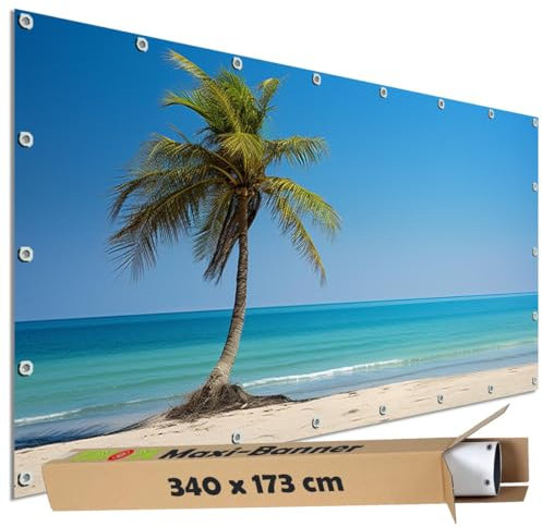 TRIOSK Große Motivplane Sichtschutz Zaunblende mit Motiv Karibikpalme Meer Strand Motivbanner Garten Deko Plane Blickdicht für Zaun Terrasse Gartenzaun Zaunplane PVC 340x173 cm