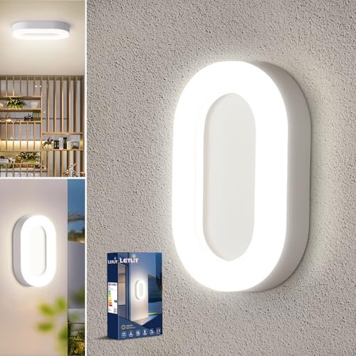 Letlit 12W LED Luz de Pared Exterior, IP65 Baño Luz de Mampara Pequeña, LED Lámpara de Techo 1200LM 4000K Luz de Porche para Interior, Pasillo, Sótano, Jardín, Dormitorio, Garaje