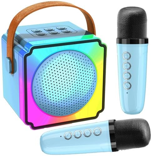 Joycome Karaoke Machine 2 Microphones for Kids Adults, Mini Portable Bluetooth Speaker with LED Light and Voice Changing, Birthday Presents Toys for 3 4 5 6 7 8 9 10+ Years Old Girls Boys - Blue