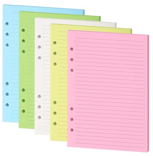 Lined Refill Paper, Colorful Ruled Journal Fillers for 6-Ring Binder, A5 Planner Inserts,5-Color 120 GSM Thick Loose Leaf Paper,50 Sheets/100 Pages (Colorful Lined, A5)