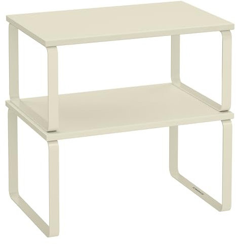 SONGMICS Estante para Especias, Juego de 2, Organizador de Armario, Estante de Almacenamiento de Cocina Extensible, Especiero de Metal y Madera de Ingeniería, Blanco Nube KCS002W02