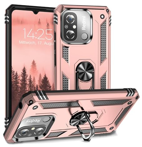 LBH Outdoor Hülle für Xiaomi Redmi 12C Armor Militär Stoßfest Handyhülle 360 Grad Metal Ring Halter Ständer Schutzhülle für Handyhalterung Auto Magnet Rosegold