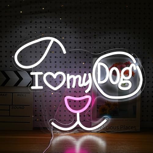 I Love My Dog Neon Sign for Wall Decor Funny Dog Neon Light Powered by USB Dimmable LED White Red Light Up Sign for Pet Shop Bedroom Animal Theme Party Decor Great Idea(16.7 * 12.6In)