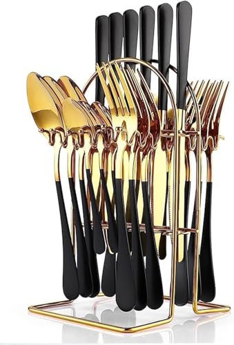 24 Piece Cutlery Set, Stainless Steel Cutlery Set with Holder Service for 6,Mirror Polished Tableware Set for Home Kitchen, Dishwasher Safe (Black Gold)