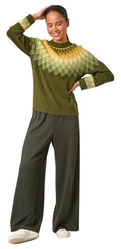 Roman Fairisle Jumper for Women UK Ladies Stretchy Winter Autumn Sweater Smart Casual Knit Knitwear Knitted Pullover Comfy Soft Thick Lightweight Dinner Party Office Work - Petite Khaki - Size 18