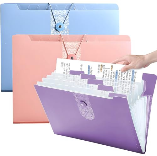 3 Pack A4 Expanding File Organiser, 12 Compartment Large Capacity Document Folder, Accordion Document Organizer with Label Paper, Snap Closure, for Office, Business, School