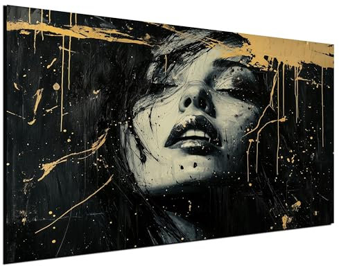 DARO Design® Leinwand Bild Groß 84x56 cm XXL Wanddeko Wohnzimmer Aesthetic Room Decor Deko Zimmer Wandbilder Modern Bild auf Leinwand Frau Schwarz Gold Portrait Gesicht Lippen