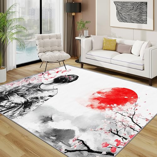 Generisch Japanisch Teppich 140x200 cm, Kimono Geisha Kirschblüten Teppich Wohnzimmer, Rote Sonne Asiatisch Kurzflor rutschfest Pflegeleicht Teppiche Für Jugendzimmer Schlafzimmer, Schwarz Weiß Rot