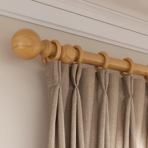 Loch & Skye Wooden Curtain Pole Set - Natural, 120cm - 28mm Diameter Fixed Length Beechwood Curtain Rod with Finials, Rings & Brackets - Wooden Curtain Poles for Eyelet Curtains and Windows