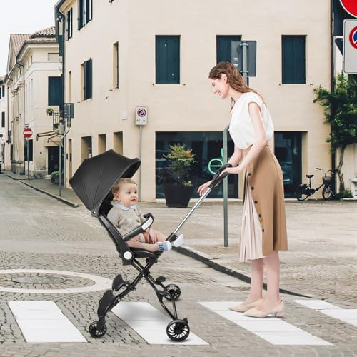 Ingenious Kompakter Kinderwagen, Schutzverdeck, Babyrad, mit faltbarer Sonnenblende, geräuscharmen Rädern, bequemer Griff, 30 x 55 x 86,5 cm, Schwarz