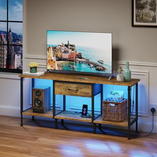 OYRREU Mobile TV 120cm LED, Presa, Cassetto e Ripiani, Marrone Rustico