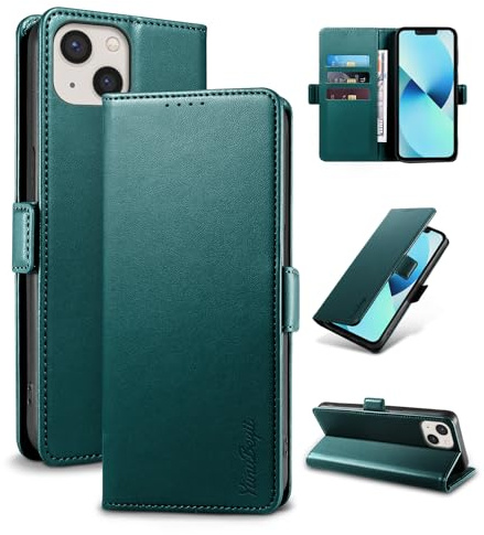Yunubeyii Wallet Flip Case for iPhone 13,Green | RFID Blocking,Luxury PU Leather,Card Holder,Kickstand,Shockproof,Magnetic Phone Cover,Protective Case
