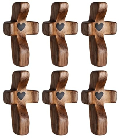 6 Stück Holzkreuz, Handschmeichler Holz, handgehaltenes Schutzkreuz aus, Jesus-Kreuz aus Holz in Herzform zum Stressabbau, Ideal Als Trostgeschenk, Natürliches Accessoire, Daumenkreuz zum Gebet