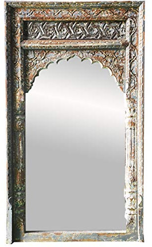 Orient Spiegel Wandspiegel Inara 122cm groß Grau | Großer Marokkanischer Flurspiegel mit Holzrahmen orientalisch verziert | Orientalischer Vintage Badspiegel ohne Beleuchtung als Orientalische Deko
