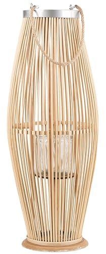 Bambusholz Deko Laterne Heller Holzfarbtone/Natural Flechtoptik Windlicht mit Glaseinsatz Retro Gartenlaterne Kerzenhalter Kerzenständer 72 cm Tahiti