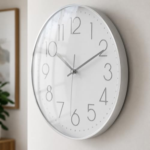 October Elf 12 Inch Wall Clock Non-ticking Silent Sliver | Round/Modern/ Decorative Wall Clocks/Large Arabic Number/for Bedrooms Office Kitchen Gym Living Room Kitchen
