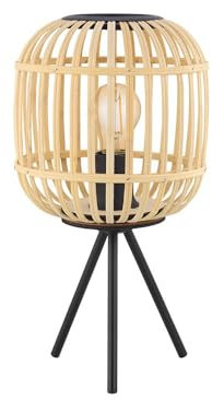 EGLO Tischlampe Bordesley, 1 flammige Tischleuchte Vintage, Natur, Boho, Hygge, Nachttischlampe aus Stahl in Schwarz und Holz in Naturfarben, Wohnzimmerlampe, Lampe mit Schalter, E27 Fassung