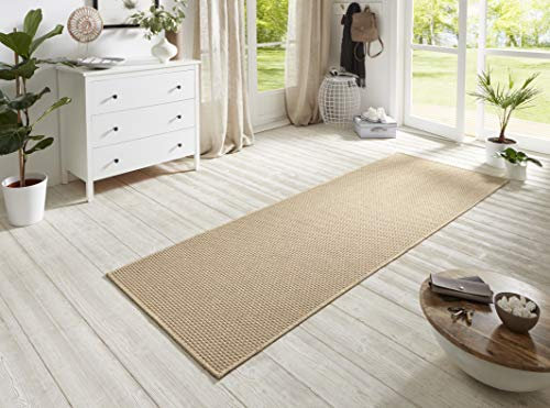 BT Carpet Nature Läufer In- und Outdoor – Schlingen Küchenläufer rutschfest Flachgewebe Kurzflor Woll-Optik Fineloop Küchenteppich für Flur, Küche, Garten, Terrasse, Badezimmer – Beige, 80x250cm