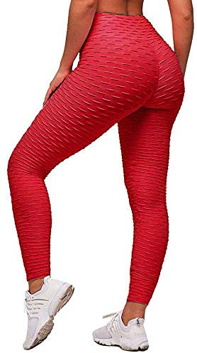 Memoryee Damen Honeycomb Leggings Geraffte Hintern Heben Hohe Taille Push Up Boom Booty Sport Leggings mit Bauchkontrolle Plus Größe Blickdichte Dehnbare Gym Yogahosen/rot/XXL