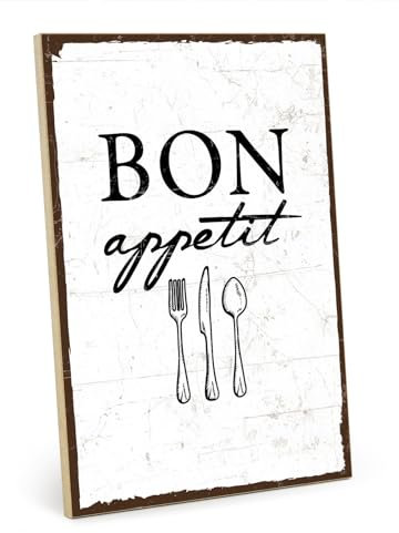 TypeStoff Holzschild mit Spruch – Bon Appetit – im Vintage-Look mit Zitat als Geschenk und Dekoration zum Thema Küche, Kochen und Essen - HS-00124