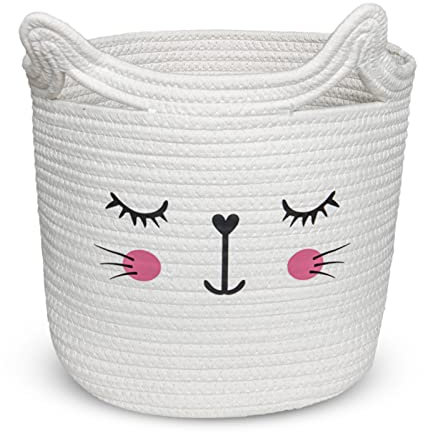 Bigepige Aufbewahrungskorb Kinder, Baby Spielzeug Baumwollseil Aufbewahrung Korb Geflochten, WäSchekorb Klein Faltbar Kinderzimmer Deko Basket Weiß Beige Katze(28x28x24cm)
