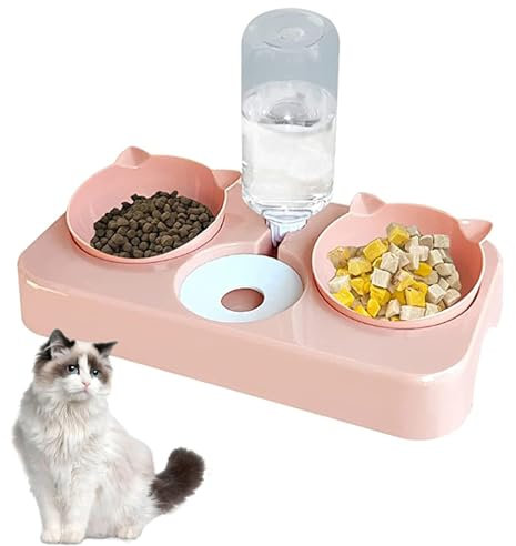 Bol pour Chat 3 en 1, Gamelles pour Animaux, Bol pour Chien Incliné à 8 °, Double Bol de Nourriture pour SéParation SèChe et Humide et Abreuvoir Automatique (Rose)